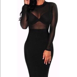 Black Mesh Bodice Midi Dress